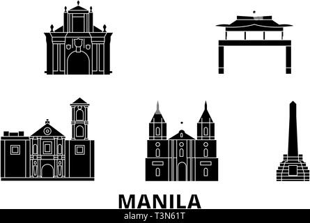 Filippine, Manila piatta sullo skyline di viaggio set. Filippine, Manila città nero illustrazione vettoriale, simbolo, siti di viaggi, punti di riferimento. Illustrazione Vettoriale