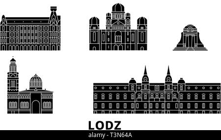 La Polonia, a Lodz piatta sullo skyline di viaggio set. La Polonia, a Lodz città nero illustrazione vettoriale, simbolo, siti di viaggi, punti di riferimento. Illustrazione Vettoriale