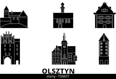 La Polonia, Olsztyn piatta sullo skyline di viaggio set. Polonia, Olsztyn città nero illustrazione vettoriale, simbolo, siti di viaggi, punti di riferimento. Illustrazione Vettoriale