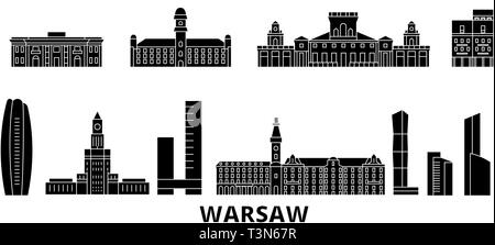 Polonia - Varsavia piatto dello skyline di marcia impostata. Polonia - Varsavia città nero illustrazione vettoriale, simbolo, siti di viaggi, punti di riferimento. Illustrazione Vettoriale