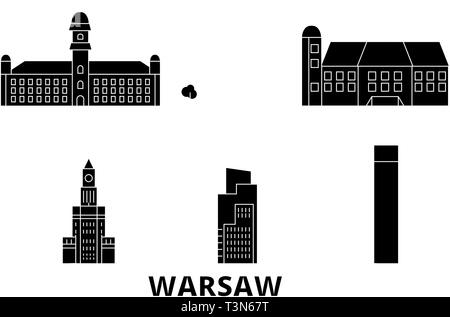 Polonia - Varsavia city flat skyline di viaggio set. Polonia - Varsavia città città nero illustrazione vettoriale, simbolo, siti di viaggi, punti di riferimento. Illustrazione Vettoriale