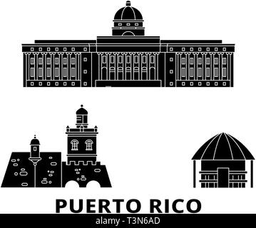 Puerto Rico piatta sullo skyline di viaggio set. Puerto Rico città nero illustrazione vettoriale, simbolo, siti di viaggi, punti di riferimento. Illustrazione Vettoriale