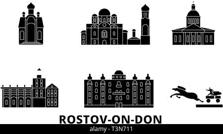 Russia, Rostov sul Don piana skyline di viaggio set. Russia, Rostov sul Don black city illustrazione vettoriale, simbolo, siti di viaggi, punti di riferimento. Illustrazione Vettoriale