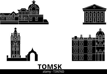 La Russia, Tomsk piatta sullo skyline di viaggio set. Russia, Tomsk città nero illustrazione vettoriale, simbolo, siti di viaggi, punti di riferimento. Illustrazione Vettoriale