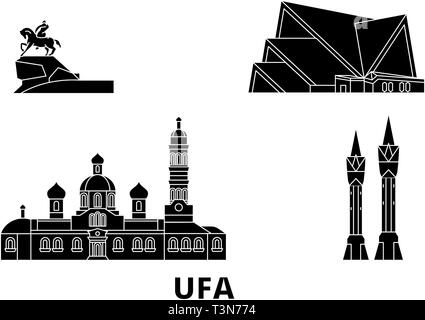 La Russia, Ufa piatta sullo skyline di viaggio set. Russia, Ufa città nero illustrazione vettoriale, simbolo, siti di viaggi, punti di riferimento. Illustrazione Vettoriale