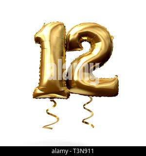 Il numero 12 di lamina di oro palloncino elio isolato su uno sfondo bianco. 3D Render Foto Stock
