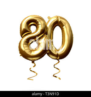 Numero 80 di lamina di oro palloncino elio isolato su uno sfondo bianco. 3D Render Foto Stock