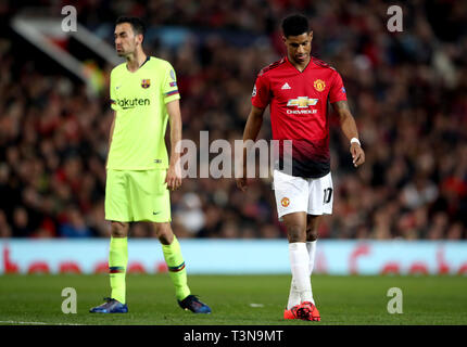 Il Manchester United Rashford Marcus (destra) appare sconsolato durante la UEFA Champions League quarti di finale, la prima gamba corrispondono a Old Trafford, Manchester. Foto Stock