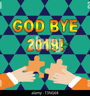 Conceptual la scrittura a mano che mostra Dio Bye 2019. Concetto significato express buoni auspici quando il troncaggio o alla fine dello scorso anno Mani Puzzle Foto Stock