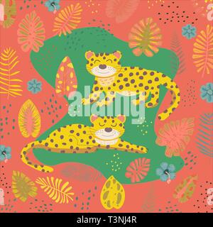 Modello di tropicale con leopardi e foglie di palmo. Motivi africani. Illustrazione Vettoriale