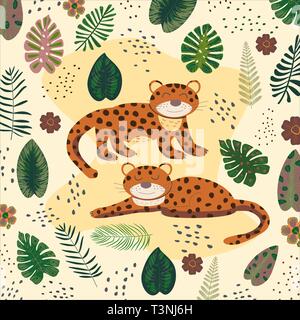 Modello di tropicale con leopardi e foglie di palmo. Motivi africani. Illustrazione Vettoriale