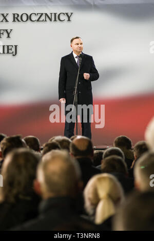 Varsavia, Mazowieckie, Polonia. Decimo Apr, 2019. Presidente Andrzej Duda è visto parlando durante l anniversario. Credito: Attila Husejnow SOPA/images/ZUMA filo/Alamy Live News Foto Stock