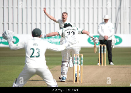 Leicester, Regno Unito. Xi Apr, 2019. Sarà Davis appelli per LBW contro Hamish Rutherford durante la contea Specsavers gara di campionato tra Leicestershire e Worcestershire a Grace Road, Leicester, Inghilterra il 11 aprile 2019. Foto di Giovanni Mallett. Solo uso editoriale, è richiesta una licenza per uso commerciale. Nessun uso in scommesse, giochi o un singolo giocatore/club/league pubblicazioni. Credit: UK Sports Pics Ltd/Alamy Live News Foto Stock