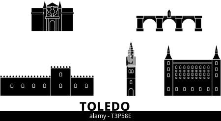 Spagna, Toledo piatta sullo skyline di viaggio set. Spagna, Toledo città nero illustrazione vettoriale, simbolo, siti di viaggi, punti di riferimento. Illustrazione Vettoriale