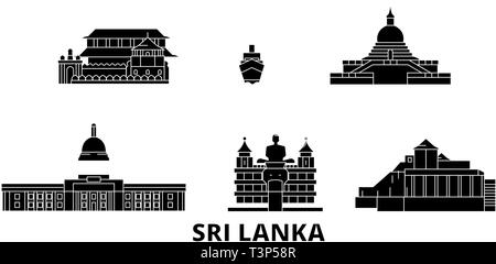 Sri Lanka piatta sullo skyline di viaggio set. Sri Lanka black city illustrazione vettoriale, simbolo, siti di viaggi, punti di riferimento. Illustrazione Vettoriale