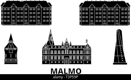 La Svezia, Malmo piatta sullo skyline di viaggio set. La Svezia, Malmo città nero illustrazione vettoriale, simbolo, siti di viaggi, punti di riferimento. Illustrazione Vettoriale