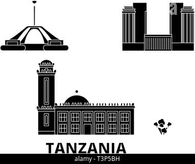 Tanzania piatta sullo skyline di viaggio set. Tanzania città nero illustrazione vettoriale, simbolo, siti di viaggi, punti di riferimento. Illustrazione Vettoriale