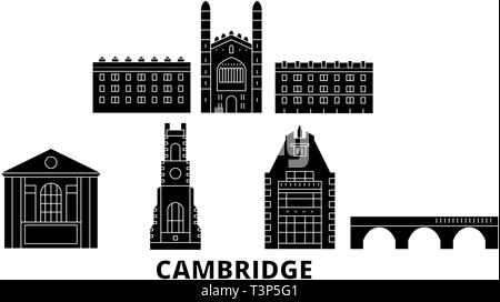 Regno Unito, Cambridge piatta sullo skyline di viaggio set. Regno Unito, Cambridge città nero illustrazione vettoriale, simbolo, siti di viaggi, punti di riferimento. Illustrazione Vettoriale