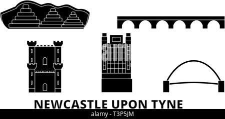 Regno Unito, Newcastle Upon Tyne il piatto dello skyline di marcia impostata. Regno Unito, Newcastle Upon Tyne città nero illustrazione vettoriale, simbolo, siti di viaggio Illustrazione Vettoriale