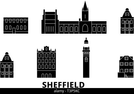 Regno Unito Sheffield Piatti dello skyline di marcia impostata. Regno Unito, nero di Sheffield City illustrazione vettoriale, simbolo, siti di viaggi, punti di riferimento. Illustrazione Vettoriale