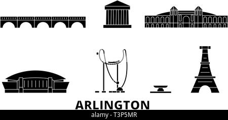 Stati Uniti, Arlington piatta sullo skyline di viaggio set. Stati Uniti, Arlington città nero illustrazione vettoriale, simbolo, siti di viaggi, punti di riferimento. Illustrazione Vettoriale