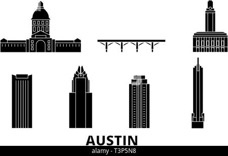 Stati Uniti, Austin piatta sullo skyline di viaggio set. Stati Uniti, Austin black city illustrazione vettoriale, simbolo, siti di viaggi, punti di riferimento. Illustrazione Vettoriale