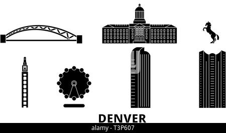 Stati Uniti, Denver piatta sullo skyline di viaggio set. Stati Uniti, nero di Denver city illustrazione vettoriale, simbolo, siti di viaggi, punti di riferimento. Illustrazione Vettoriale