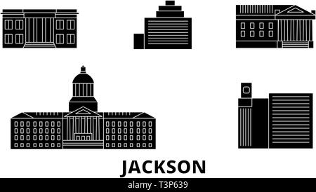 Stati Uniti, Jackson piatta sullo skyline di viaggio set. Stati Uniti, Jackson Città nero illustrazione vettoriale, simbolo, siti di viaggi, punti di riferimento. Illustrazione Vettoriale