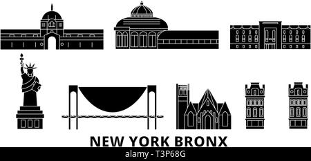 Stati Uniti, New York Bronx piatta sullo skyline di viaggio set. Stati Uniti, New York Bronx città nero illustrazione vettoriale, simbolo, siti di viaggi, punti di riferimento. Illustrazione Vettoriale