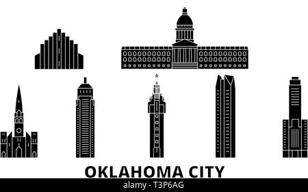 Stati Uniti, Oklahoma City flat skyline di viaggio set. Stati Uniti, Oklahoma City città nero illustrazione vettoriale, simbolo, siti di viaggi, punti di riferimento. Illustrazione Vettoriale