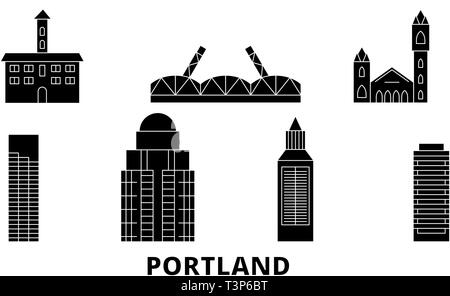 Stati Uniti, Portland piatta sullo skyline di viaggio set. Stati Uniti, Portland città nero illustrazione vettoriale, simbolo, siti di viaggi, punti di riferimento. Illustrazione Vettoriale