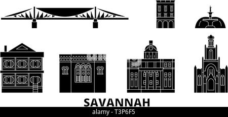 Stati Uniti, Savannah piatta sullo skyline di viaggio set. Stati Uniti, Savannah città nero illustrazione vettoriale, simbolo, siti di viaggi, punti di riferimento. Illustrazione Vettoriale