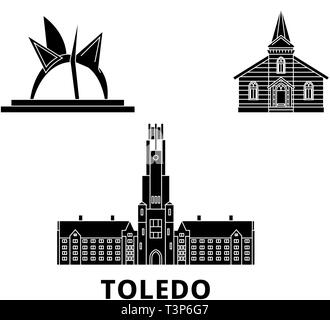 Stati Uniti, Toledo piatta sullo skyline di viaggio set. Stati Uniti, Toledo città nero illustrazione vettoriale, simbolo, siti di viaggi, punti di riferimento. Illustrazione Vettoriale