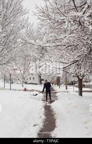 Lone uomo pale neve dal marciapiede a Northampton, Massachusetts. Foto Stock