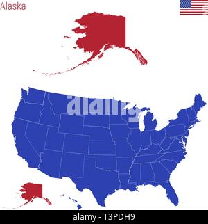 Lo stato dell'Alaska è evidenziata in rosso. Vettore blu mappa degli Stati Uniti diviso in diversi Stati. Illustrazione Vettoriale