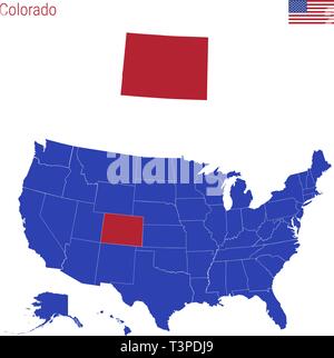 Lo stato del Colorado è evidenziata in rosso. Vettore blu mappa degli Stati Uniti diviso in diversi Stati. Illustrazione Vettoriale