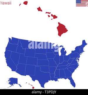 Lo stato delle Hawaii è evidenziata in rosso. Vettore blu mappa degli Stati Uniti diviso in diversi Stati. Illustrazione Vettoriale