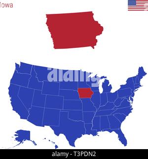 Lo Stato di Iowa è evidenziata in rosso. Vettore blu mappa degli Stati Uniti diviso in diversi Stati. Illustrazione Vettoriale