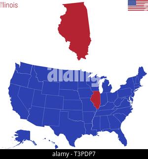 Lo stato di Illinois è evidenziata in rosso. Vettore blu mappa degli Stati Uniti diviso in diversi Stati. Illustrazione Vettoriale