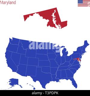 Lo Stato del Maryland è evidenziata in rosso. Vettore blu mappa degli Stati Uniti diviso in diversi Stati. Illustrazione Vettoriale