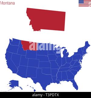 Lo stato del Montana è evidenziata in rosso. Mappa vettoriale degli Stati Uniti diviso in diversi Stati. Illustrazione Vettoriale