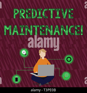 Testo della scrittura di manutenzione predittiva. Foto concettuale della strategia di manutenzione azionato da analisi predittiva donna seduta gambe incrociate sul pavimento Brow Foto Stock
