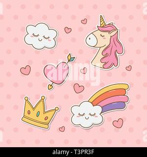 Set di adesivi kawaii illustrazione vettoriale design Illustrazione Vettoriale