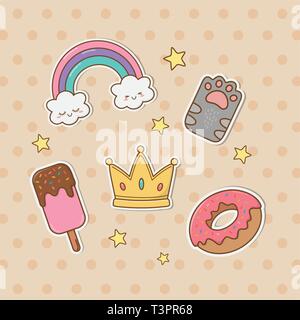 Set di adesivi kawaii illustrazione vettoriale design Illustrazione Vettoriale