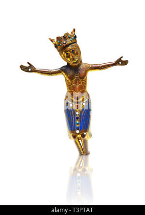 Limoges - la figura di Cristo da un Crocifisso gotico, circa 1200-1220. Incisione su rame di goffratura, cucita con un'applicazione di smaltatura Champlevé e gl Foto Stock