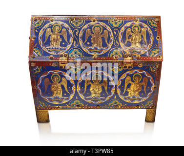 Medievale scatola smaltata raffiguranti angeli, circa12th secolo da Limoges, smalto su oro. Annuncio. Il museo del Louvre di Parigi. Foto Stock