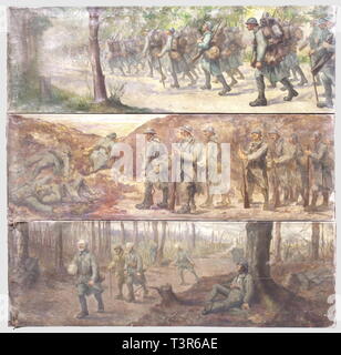 PREMIERE GUERRE MONDIALE, AMV Fanet, trois tableaux, représentant des Scènes de la 1ère Guerre mondiale, soldats montant en ligne, sur le front, et blessés en revenant. Seul ce dernier tableau semble signé, dans le coin inférieur gauche. Toiles abîmées, plus particulièrement sur les bords et les endroits en contact avec le châssis, manques, clous oxydés. Dimensioni 43 x 130 cm. Peintures plutôt réalistes, sans doute réalisées pour un pasticcio ou une salle d'Honneur, du même artiste voir le lot 5509 Additional-Rights-Clearance-Info-Not-Available Foto Stock