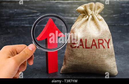 Una borsa con il denaro e l'iscrizione di stipendio e freccia verso l'alto. aumento di salario, sui tassi salariali. promozione, crescita professionale. elevare il tenore di vita. Foto Stock