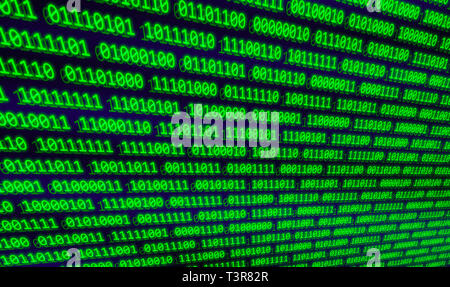 Illustrazione di bit binari codice di computer organizzati in byte, che mostra un concetto di lotti di computer il codice visualizzato sullo schermo. Flusso di dati. Foto Stock