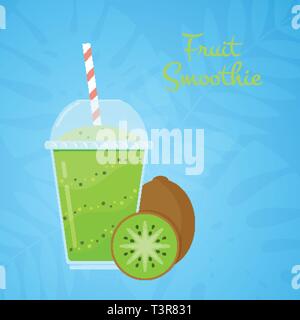 Verde per la disintossicazione naturale Frullato di kiwi illustrazione vettoriale. Salute cocktail di vitamine con fresche kiwi nel cappello di paglia di vetro blu su sfondo tropicale per smoothie bar promo estate o web modello di pagina di intestazione Illustrazione Vettoriale